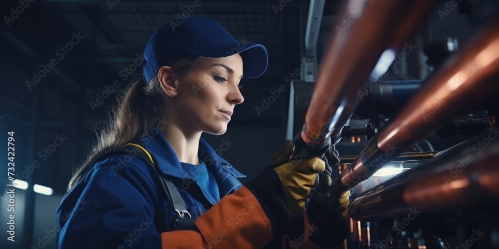 A woman in an orange and blue uniform is seen working on pipes. This image can be used to depict a female worker in an industrial setting