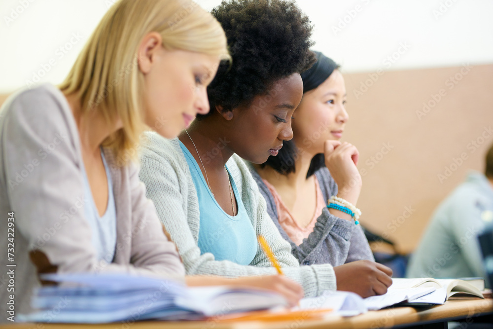 Students, university and writing notes in classroom, information and support for studying. People, books and knowledge in education for learning, problem solving and ideas for solution in assessment Students, university and writing notes in classroom, information and support for studying. People, books and knowledge in education for learning, problem solving and ideas for solution in assessment