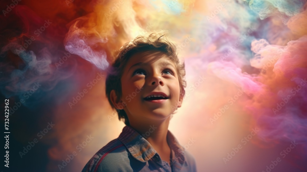 A young boy with a cheerful expression stands in front of a cloud of smoke. This image can be used to depict excitement, mystery, or a fun atmosphere