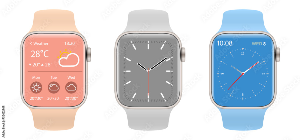 Smartwatch collection, realistic wrist watches isolated on white. Smartwatch collection, realistic wrist watches isolated on white.