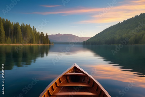 Serene Sunset Paddle on a Calm Mountain Lake With Lush Forest Surroundings