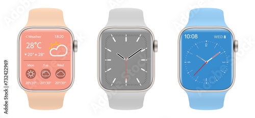 Smartwatch collection, realistic wrist watches isolated on white.