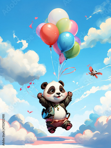 A sky-bound baby panda with a balloon in its paws.