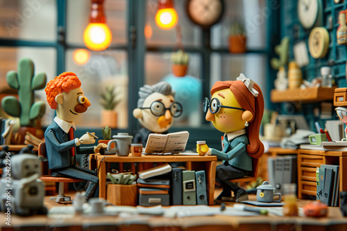 Clay animation characters in a business meeting. Artistic clay crafted scene with coworkers in an office environment. Corporate strategy discussion concept photo