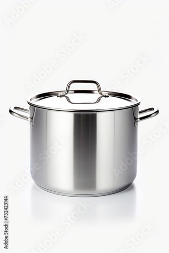 A large stainless steel pot placed on a clean white surface. Perfect for cooking and food-related designs