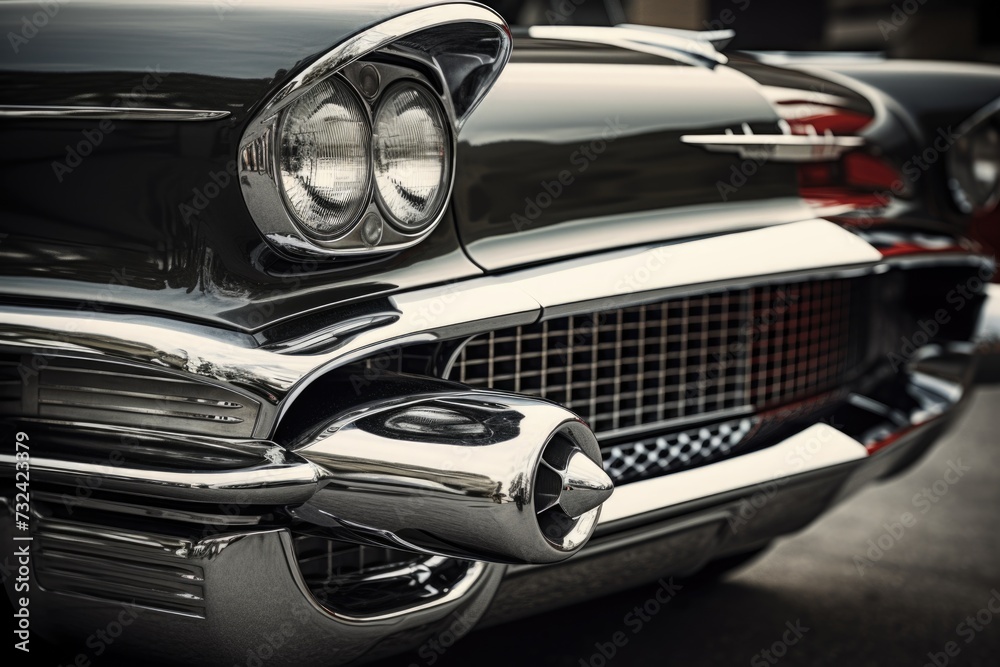 A detailed close-up shot of the front of a classic car. This image can be used to showcase vintage car restoration, automotive design, or classic car enthusiast events