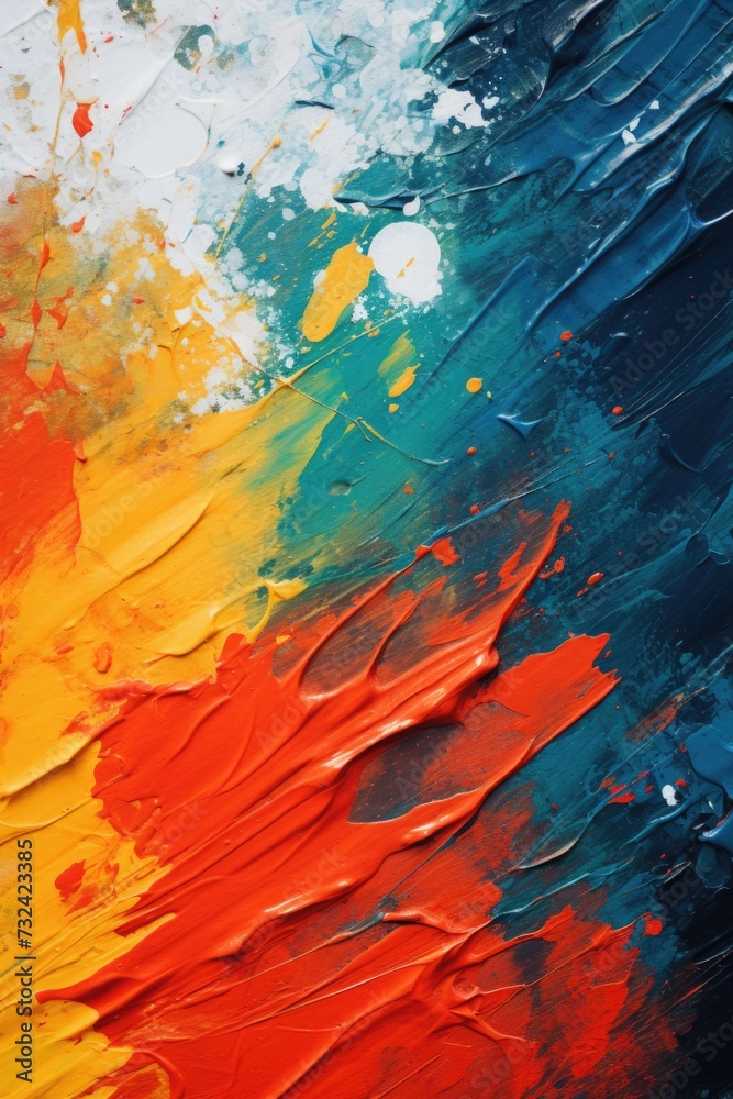 A detailed view of a vibrant painting on a canvas. This artwork can add a pop of color to any space