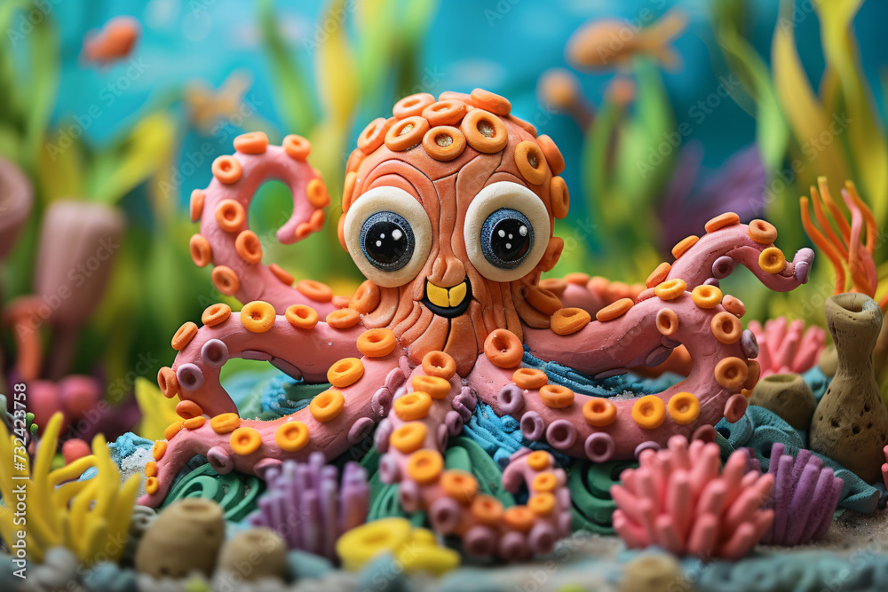 Handcrafted clay octopus in a colorful coral reef setting. Creative clay sculpture of octopus in an aquatic environment. Ocean floor concept. Design for children's book illustration, educatinal poster