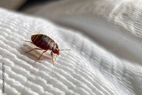 Close-up photo of bed bugs crawling on fabric. Banner for advertising