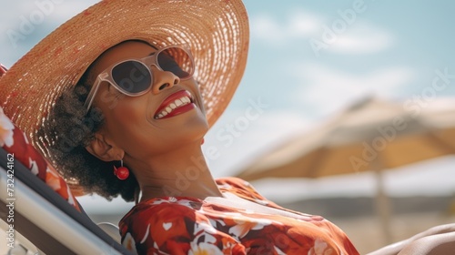 A woman wearing a straw hat and sunglasses. Perfect for summer fashion or vacation themes