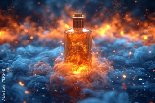 An empty perfume bottle against a background of fire and smoke. 3d illustration