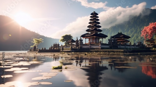 A large pagoda sitting on top of a lake next to a forest. This image can be used to depict tranquility and nature's beauty