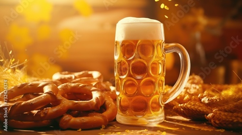 A mug of beer and pretzels placed on a table. Perfect for pub and bar scenes or Oktoberfest celebrations