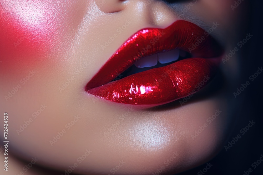 Fototapeta premium Woman's lips with vibrant red lipstick, perfect for beauty and cosmetics-related projects