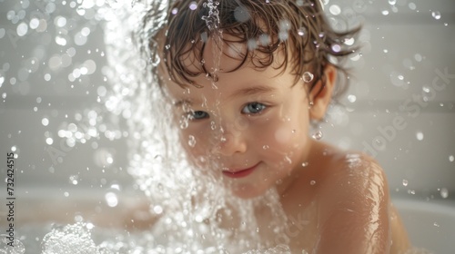 Young child with wet hair smiling enjoying a bath with water splashing around.