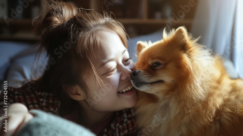 A young woman with a radiant smile lovingly kissing the nose of her adorable fluffy brown Pomeranian dog creating a heartwarming moment of affection and joy. © iuricazac