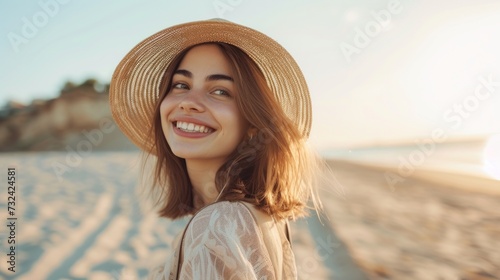 A young woman with a radiant smile wearing a straw hat and a light-colored top standing on a sandy beach with the ocean in the background basking in the warm glow of a sunny day. photo