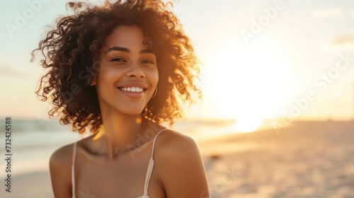 Smiling woman with curly hair wearing white top standing on beach at sunset.