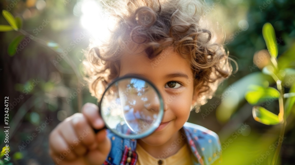 A young child with curly hair, holding a magnifying glass, looking at the camera with a smile, surrounded by blurred greenery, suggesting a sunny day in a garden or park.