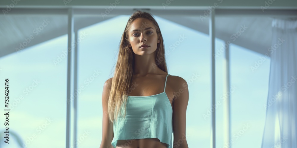 A beautiful young woman standing in front of a window. Can be used to represent solitude, contemplation, or daydreaming. A beautiful young woman standing in front of a window. Can be used to represent solitude, contemplation, or daydreaming.