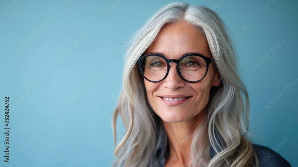 Smiling woman with gray hair and black glasses against blue background.