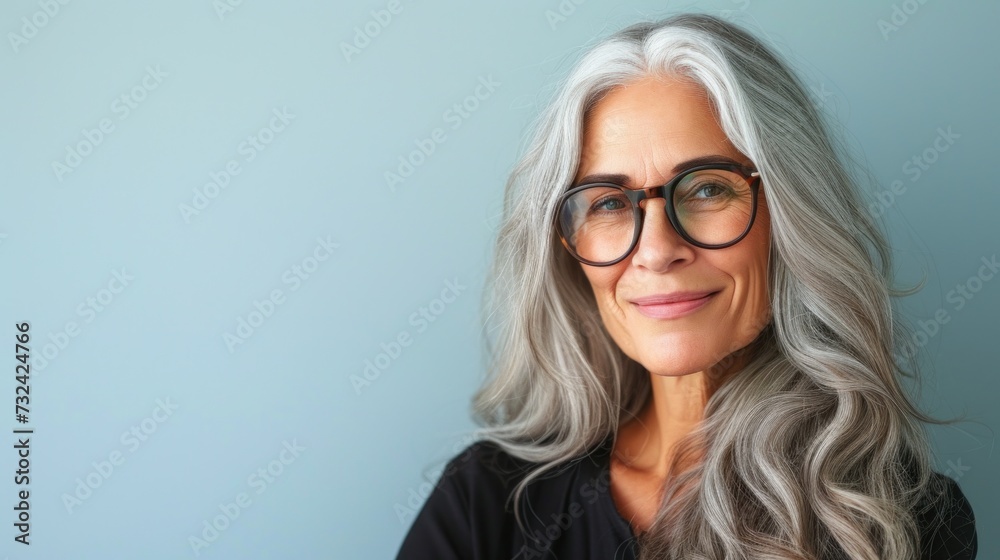 Woman with silver hair and glasses smiling against a light blue background. Woman with silver hair and glasses smiling against a light blue background.