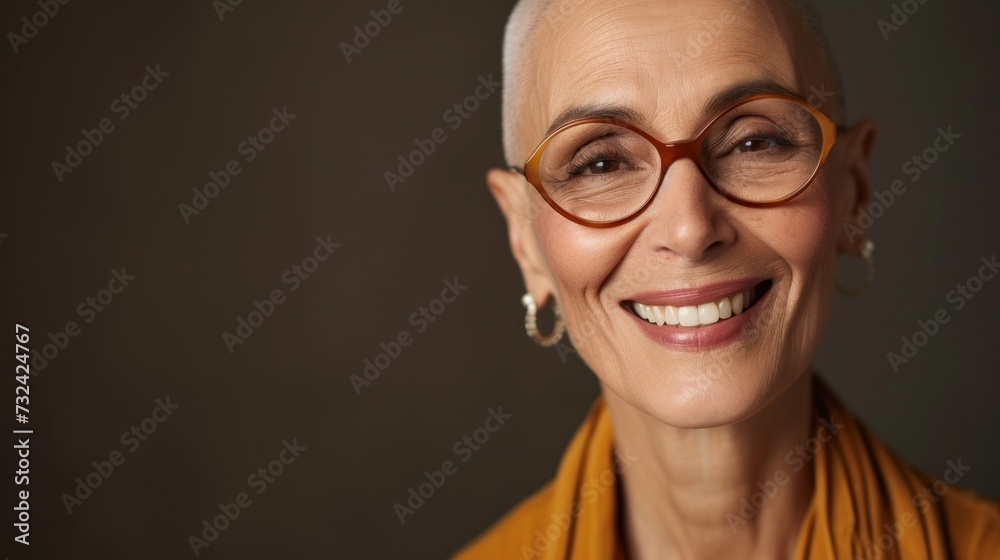 Smiling woman with short hair wearing glasses and a yellow scarf against a blurred background. Smiling woman with short hair wearing glasses and a yellow scarf against a blurred background.