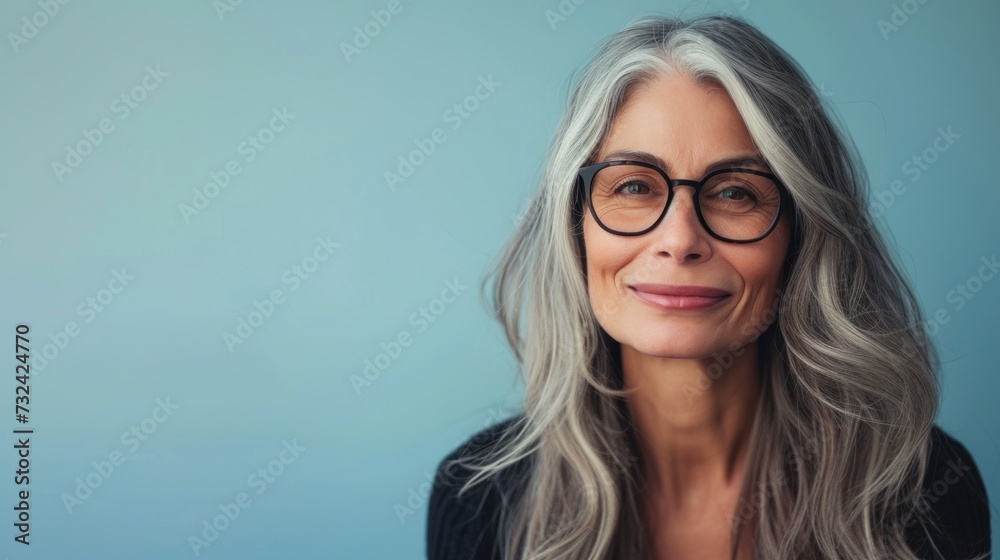 A woman with gray hair wearing glasses smiling at the camera against a blue background.
