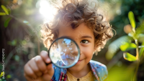 A young child with curly hair, holding a magnifying glass, looking at the camera with a smile, surrounded by blurred greenery, suggesting a sunny day in a garden or park.