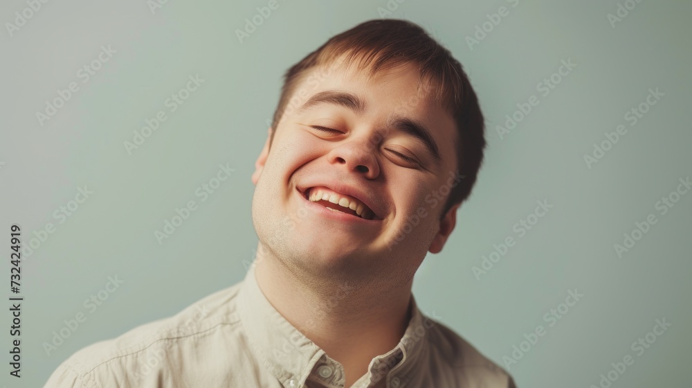 Young man with closed eyes smiling broadly showing teeth against a light blue background. Young man with closed eyes smiling broadly showing teeth against a light blue background.