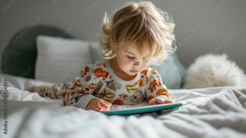 Fototapeta premium A young child with blonde hair wearing patterned pajamas lying on a bed with white sheets engrossed in playing with a tablet computer.