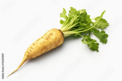 A detailed close-up view of a carrot placed on a clean white surface. Suitable for food and cooking-related projects