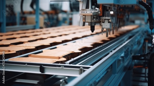A conveyor belt with wooden trays, perfect for transporting items in an organized manner. Versatile and practical, this image can be used in various industries and settings