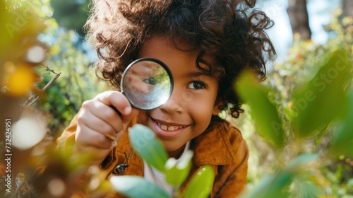 A young child with curly hair wearing a brown jacket holding a magnifying glass and smiling surrounded by green foliage suggesting a sense of curiosity and exploration.