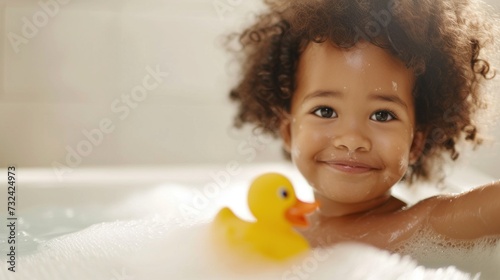A joyful child with curly hair smiling in a bathtub filled with bubbles accompanied by a yellow ru bber duck.