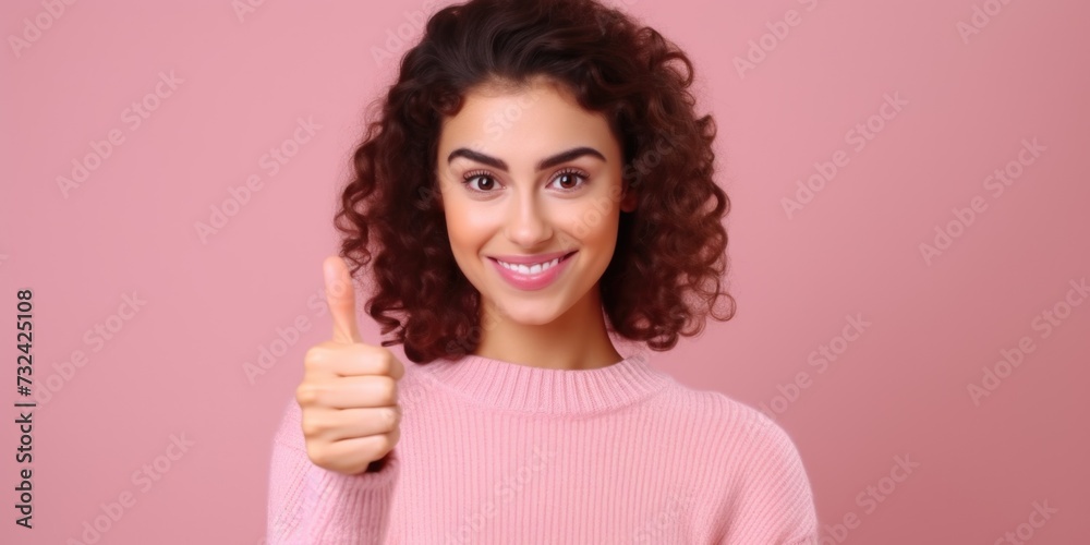 A woman wearing a pink sweater, showing her approval with a thumbs up gesture. Suitable for various uses