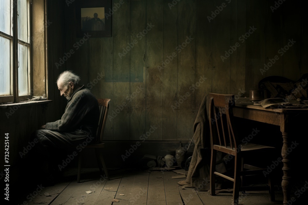 Hopeful old man sitting alone in front of the door. Home room. Generate Ai