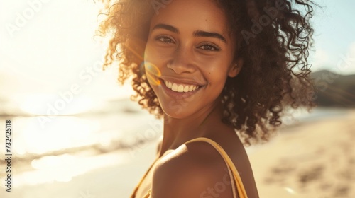 Smiling woman with curly hair wearing a yellow top standing on a beach with the sun setting behind her.