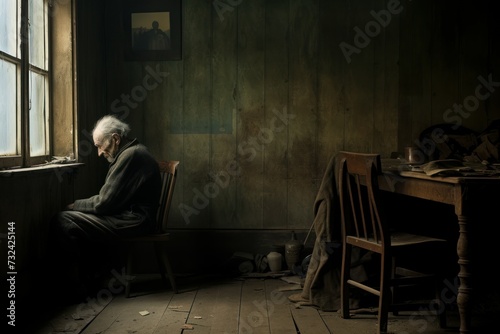 Hopeful old man sitting alone in front of the door. Home room. Generate Ai