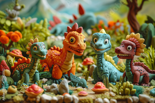 Artistic clay dinosaur models by a river in a Jurassic setting. Creative scene with handmade dinosaur sculptures in a natural habitat. Prehistoric ecosystem concept