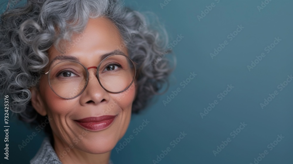 Woman with gray curly hair wearing glasses smiling against a blue background. Woman with gray curly hair wearing glasses smiling against a blue background.