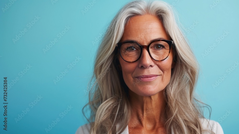 Woman with gray hair wearing glasses smiling against blue background. Woman with gray hair wearing glasses smiling against blue background.