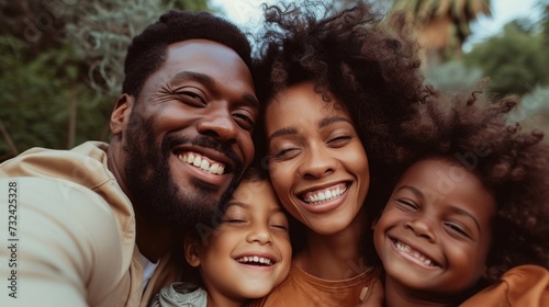 A joyful family moment captured in a selfie with a man a woman and two children smiling and embracing each other set against a blurred natural backdrop.