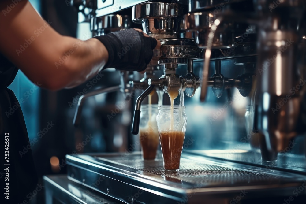 A person is shown pouring a drink from a coffee machine. This image can be used to depict coffee preparation or a person enjoying a hot beverage