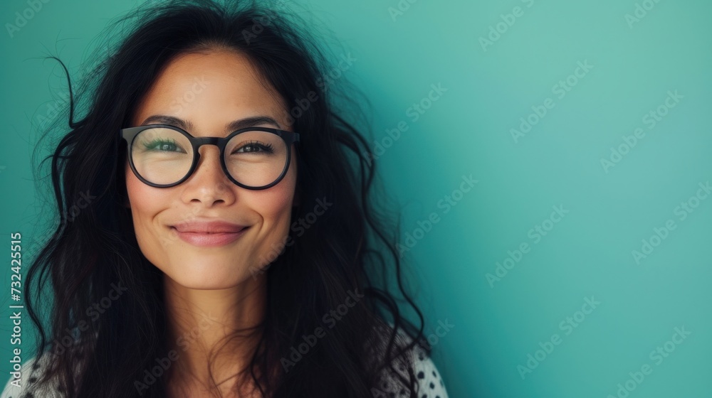 Smiling woman with glasses and dark hair against teal background. Smiling woman with glasses and dark hair against teal background.