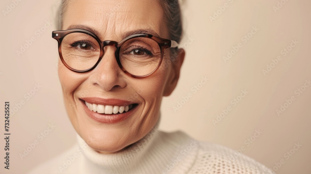 Smiling woman with glasses and white turtleneck.