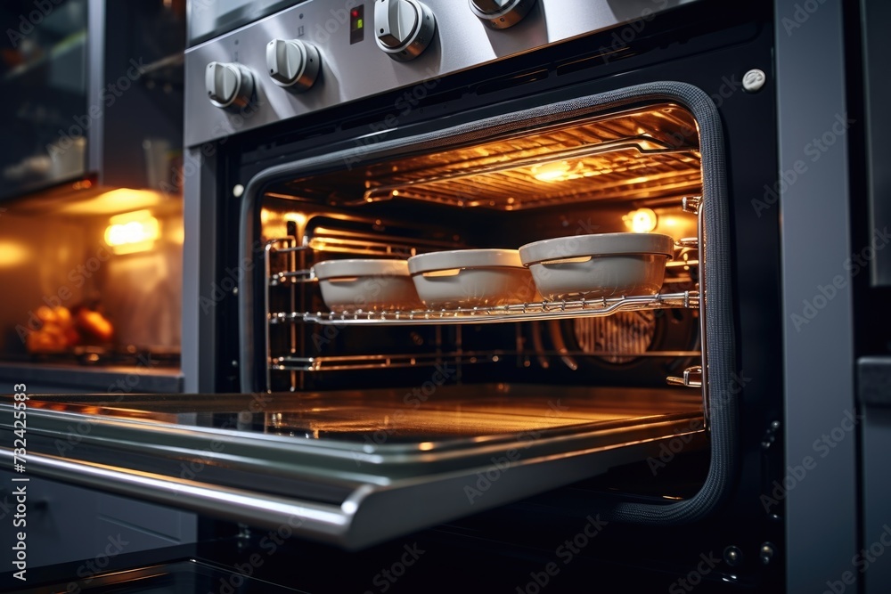 An oven filled with pots and pans. Perfect for kitchen and cooking-related projects An oven filled with pots and pans. Perfect for kitchen and cooking-related projects