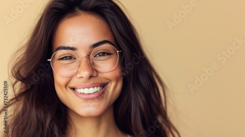 Smiling woman with long brown hair wearing round glasses against a soft yellow background.