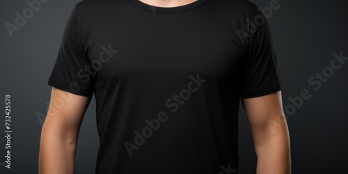 A man wearing a black t-shirt strikes a pose for a photograph. This image can be used for various purposes