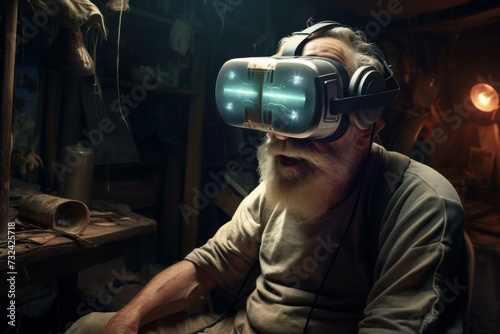 Full of pep Old man happy in vr glasses. Happy game. Fictional person. Generate Ai © juliars
